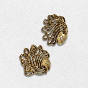 Vintage Signed Crown Trifari Earrings Gold Tone Twisted Rope Design Silver W OS